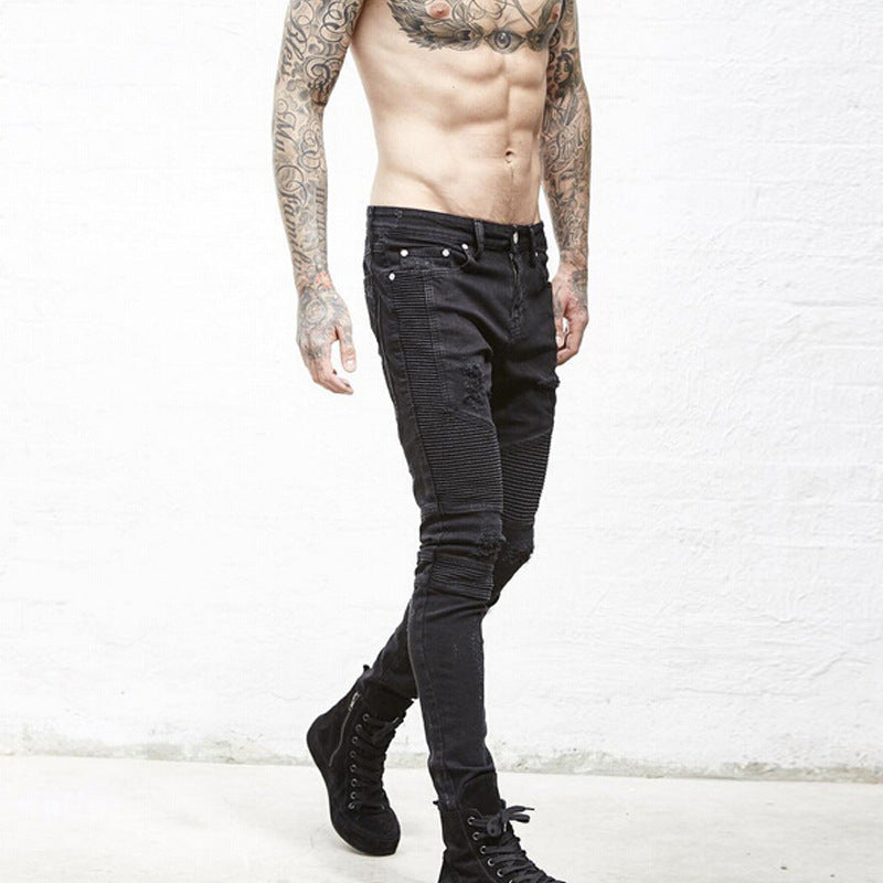Motorcycle Pleated Ripped Jeans