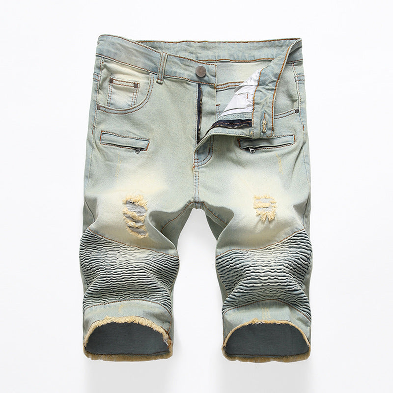 Motorcycle Pleated Ripped Denim Shorts