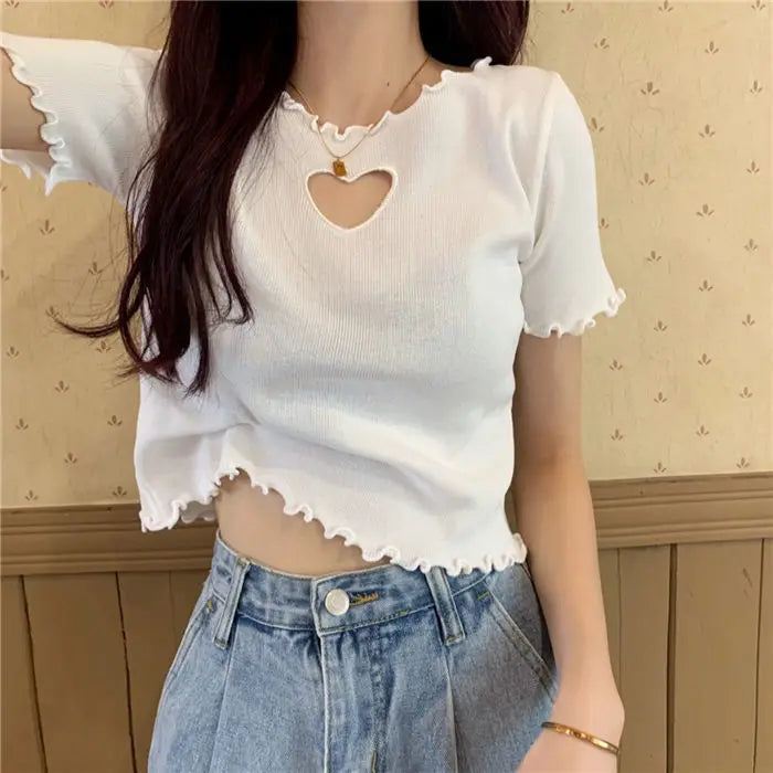 Heart Cut Out Lettuce Trim Tee