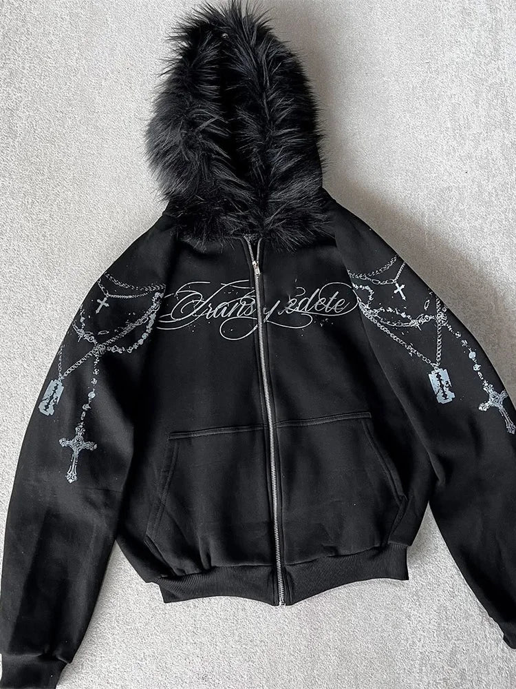 Faux Fur Hooded Jacket With Cross Print