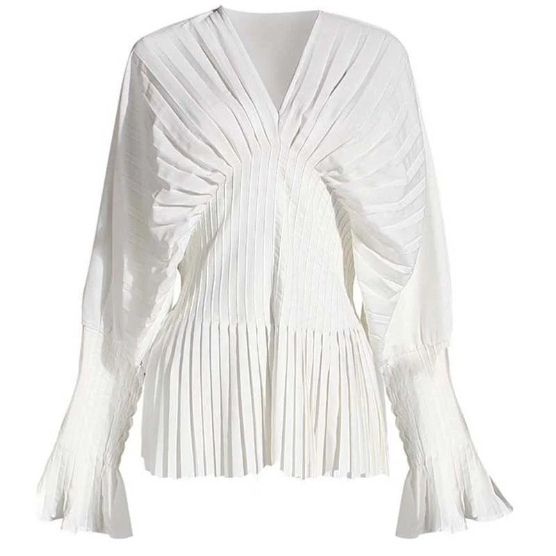DEAT V-neck Pleated Waist Flare Sleeves Pullover Solid Color Slim Dress