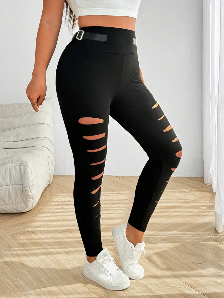 Hollow Out Torn Knitted Zipper Buckle Decorated High Waist Tight Sports Pants