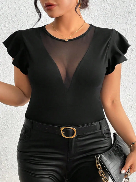 Vネック シアーメッシュパネル フラッタースリーブTシャツ