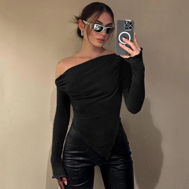 Off Shoulder Pullover Asymmetrical Tee