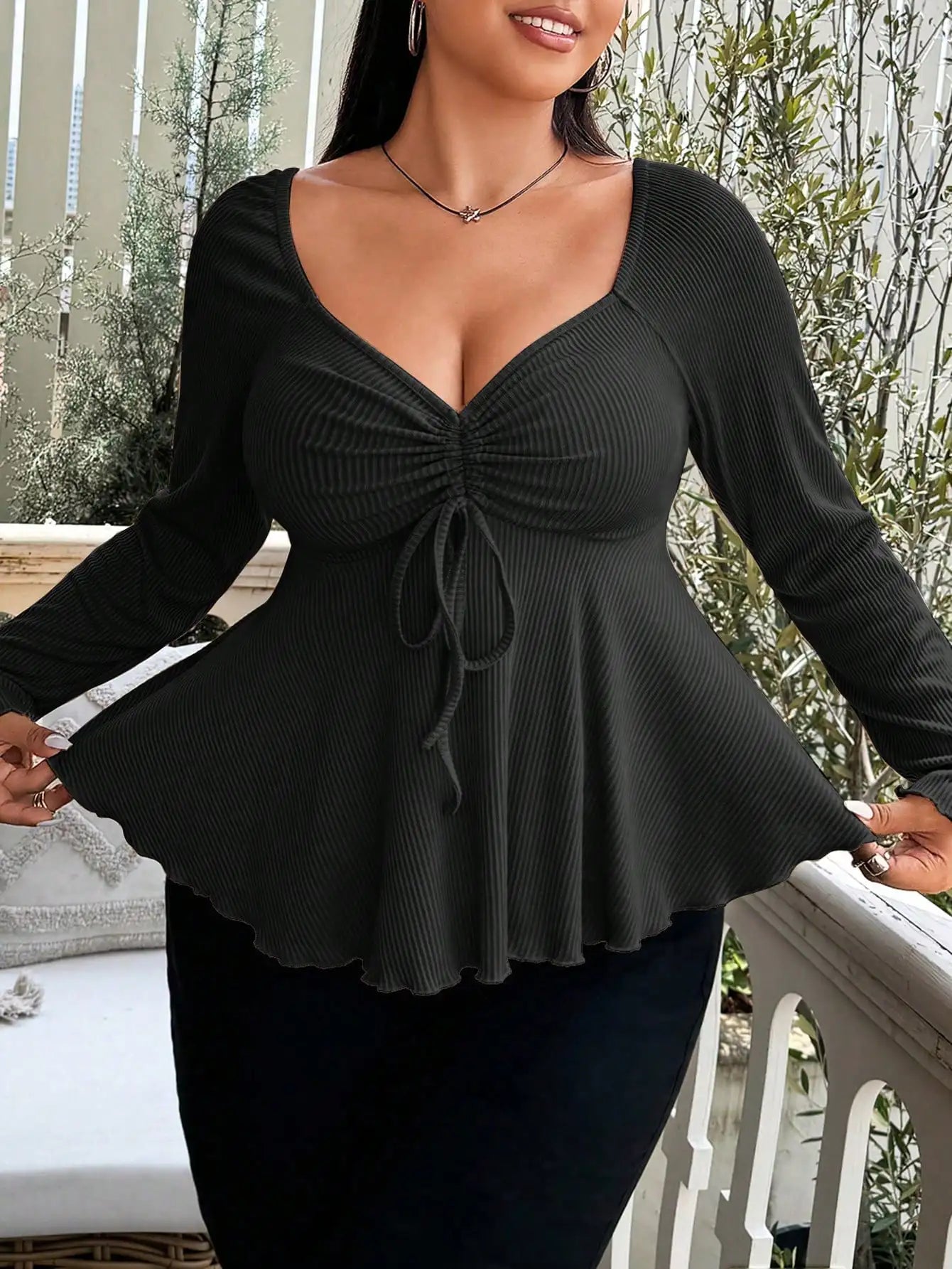 Ribbed Knit Ruched Bust Peplum Top with Long Sleeves