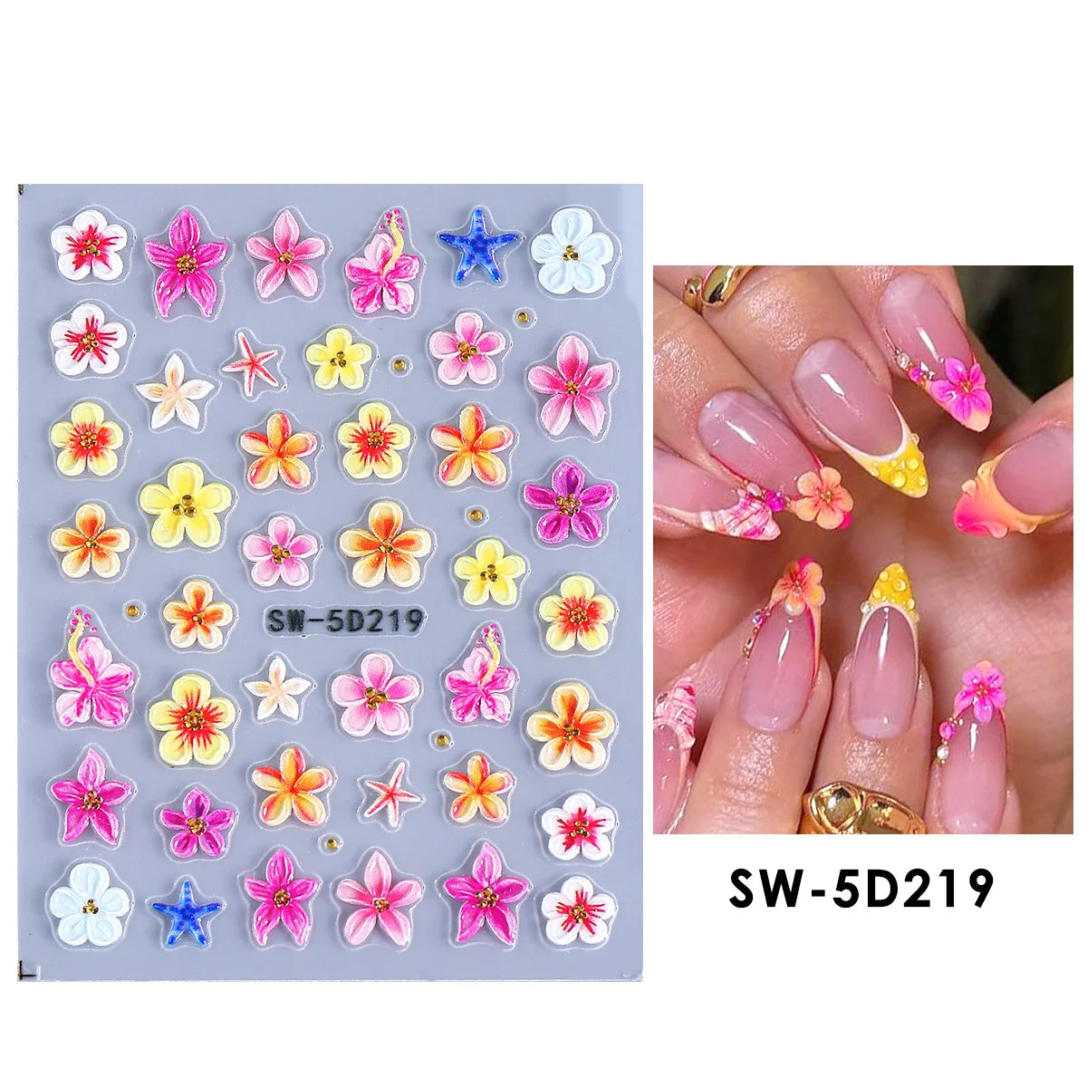 5D Summer Flowers Nail Embossed Stickers Pink Frangipani Hibiscus Five Petal Floral Starfish Decal DIY Tropical Manicure Sliders