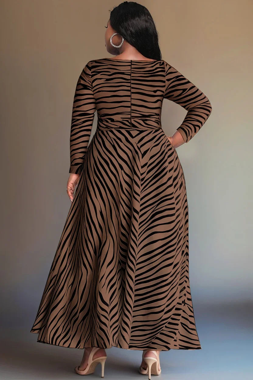 Pleated A-Line Round Neck Long Sleeve Split Knitted Maxi Dress