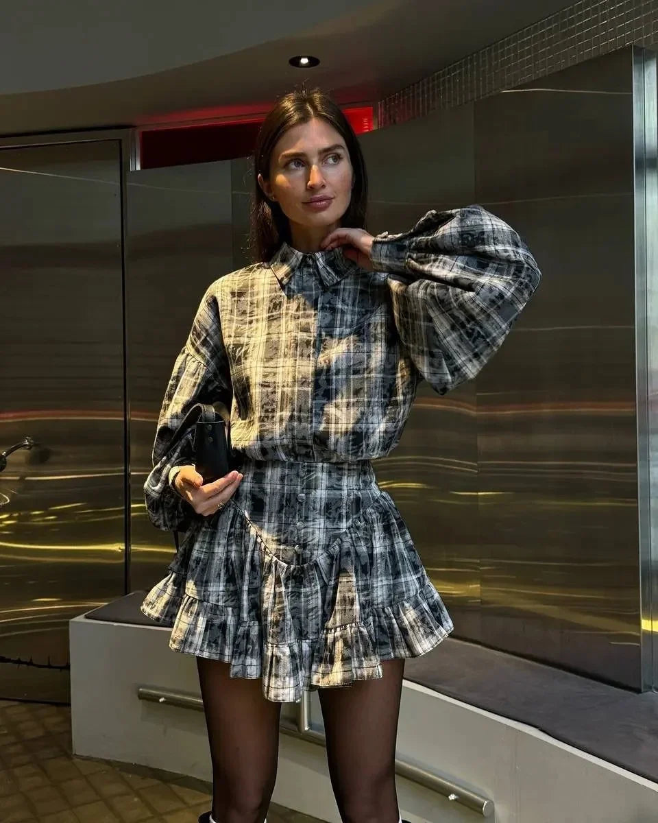 Plaid Design Ruffle Edge Mini Dress 2-Piece Set