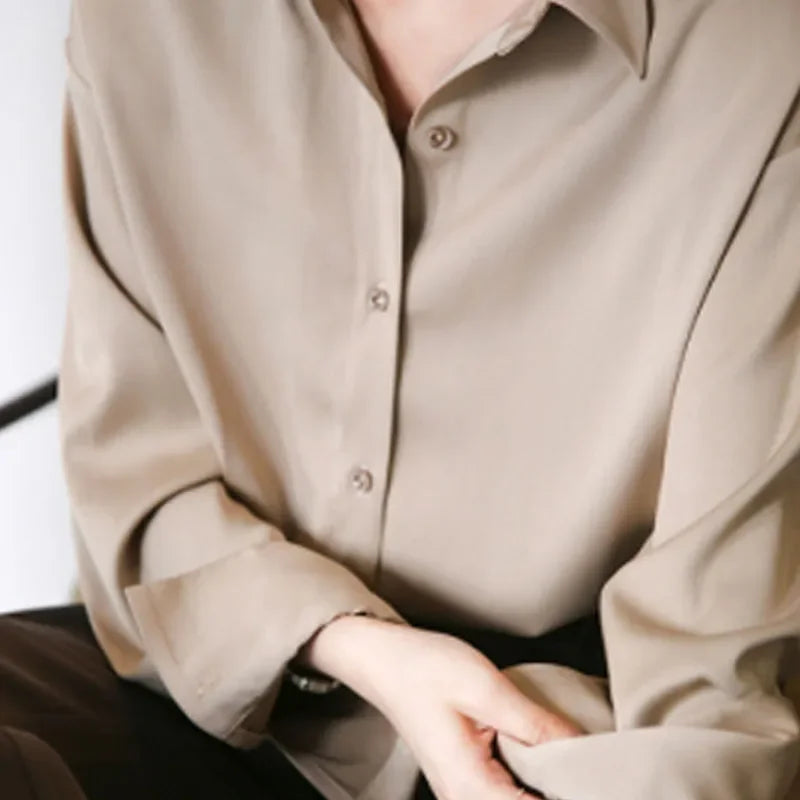 Fall Turn-down Collar Satin Loose Shirt