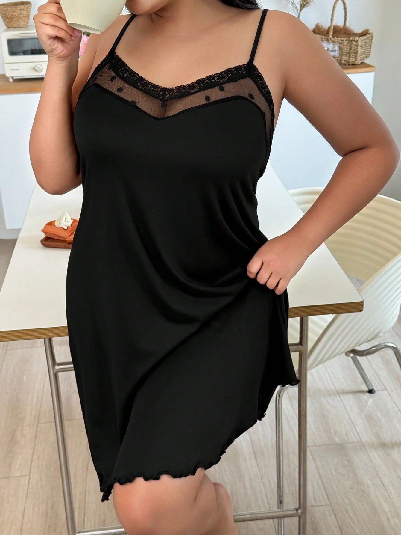 Women's Plus Size Elegant Loose Solid Lace Splicing Backless V-Neck Cami Nightdress Loungewear