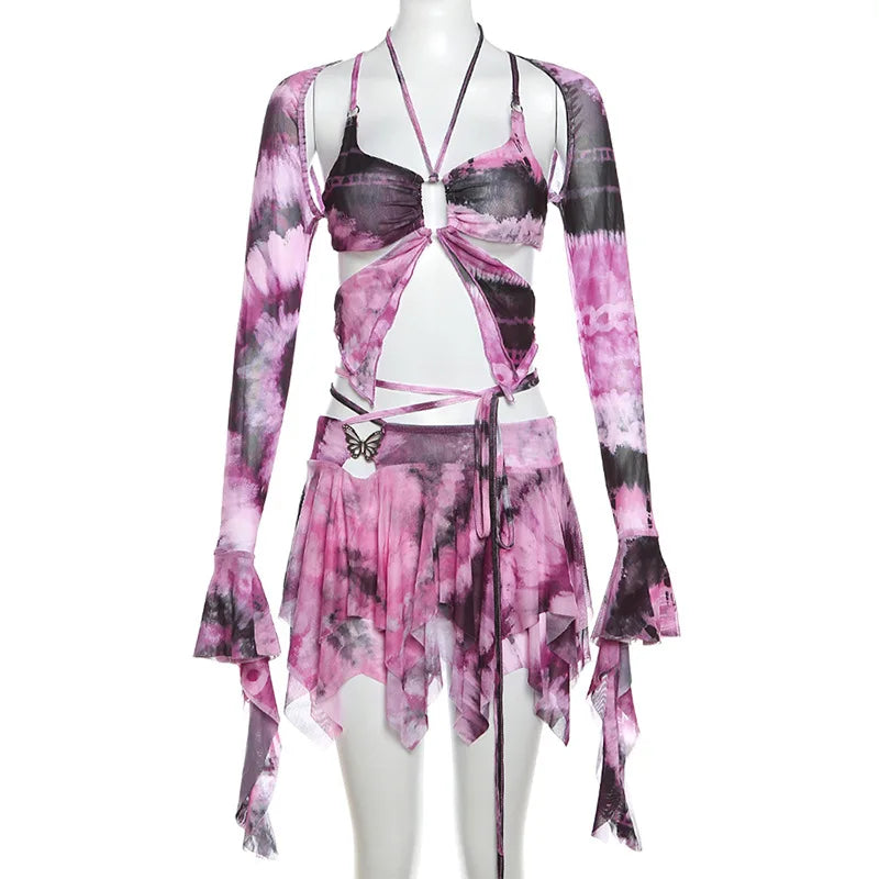 Women Y2k Ruffle Butterfly 2 Piece Outfit Sexy Fairy Backless Crop Top Wrap Mini Skirt Set Rave Festival Matching Set