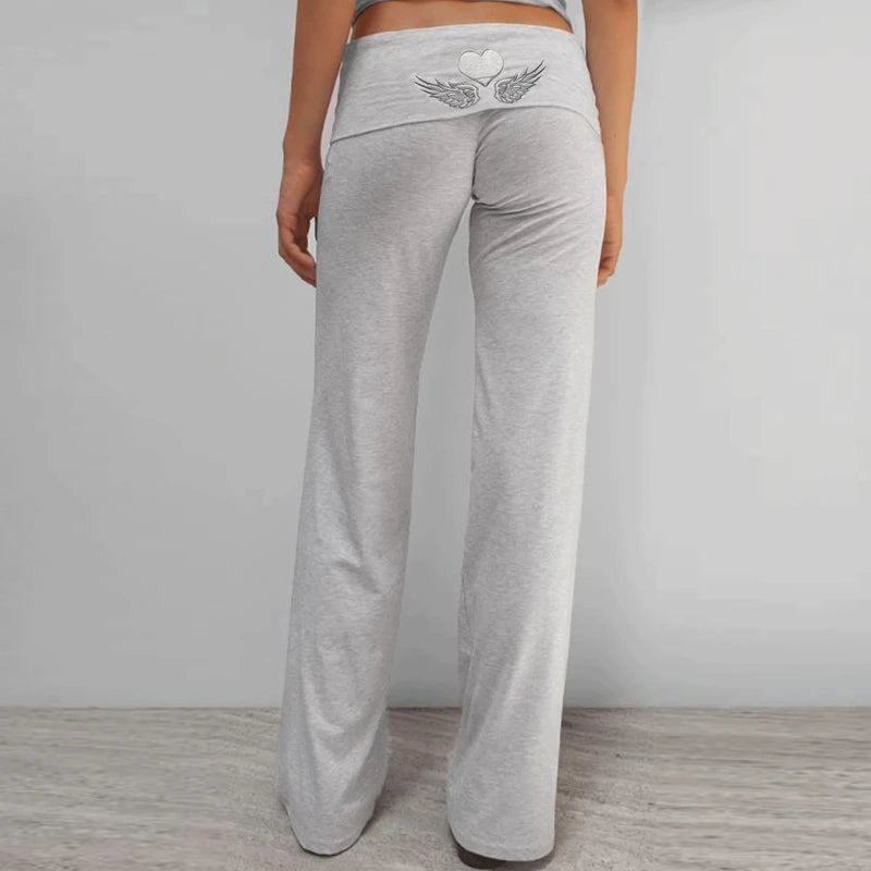 Women Embroidery Fold Over Waistband Stretchy Yoga Pants Flared Pants Leggings Bell Bottoms Preppy Teen Girl Lounge Trousers