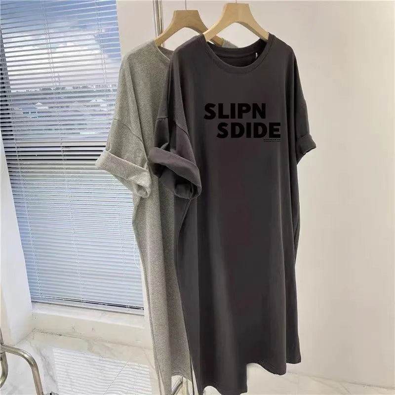 Simple Letter Printed Loose Short Sleeved Dress