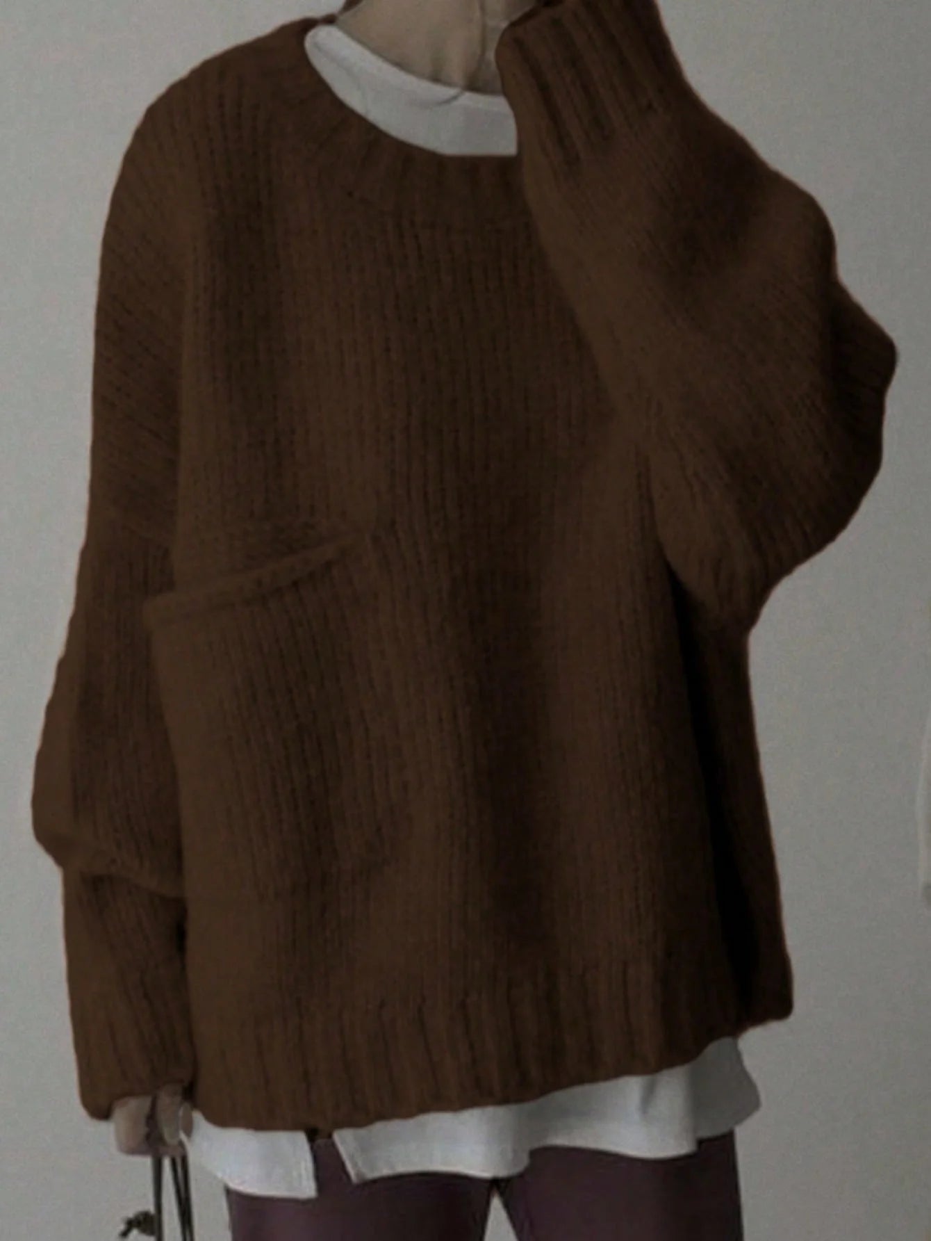 Crew Neck Long Sleeve Pullover Sweater with Side Pockets