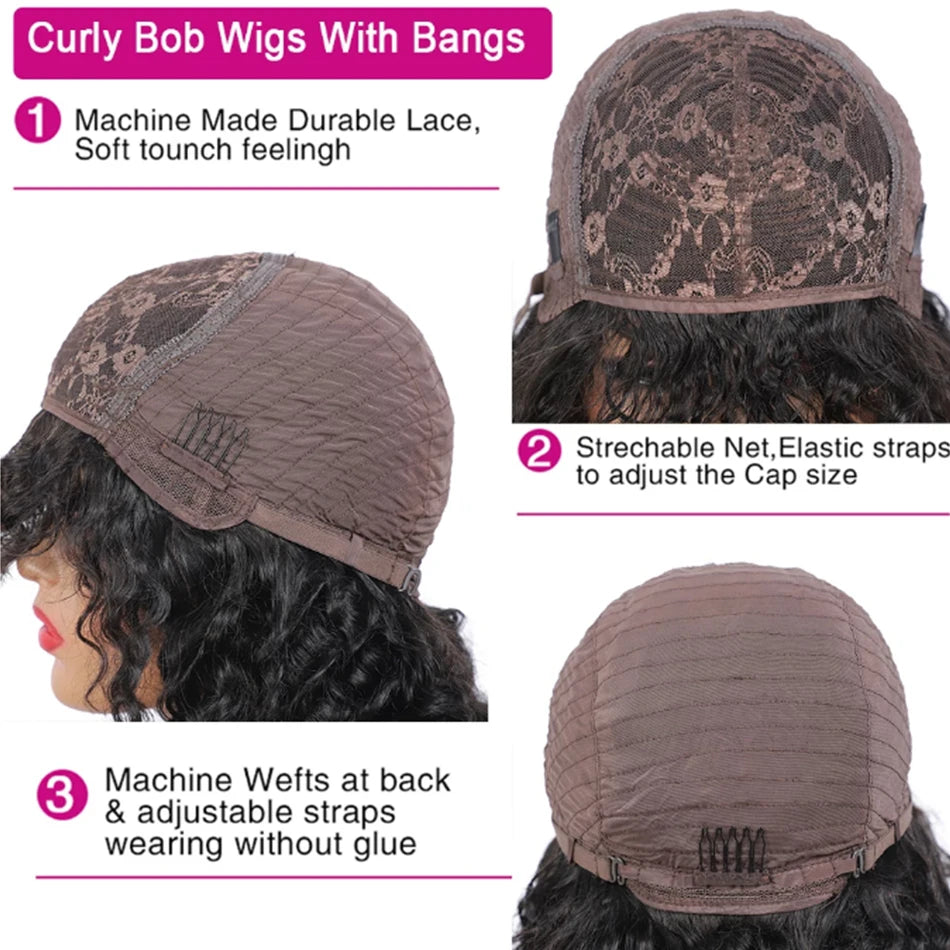 Water Wave Human Hair Wigs With Bangs