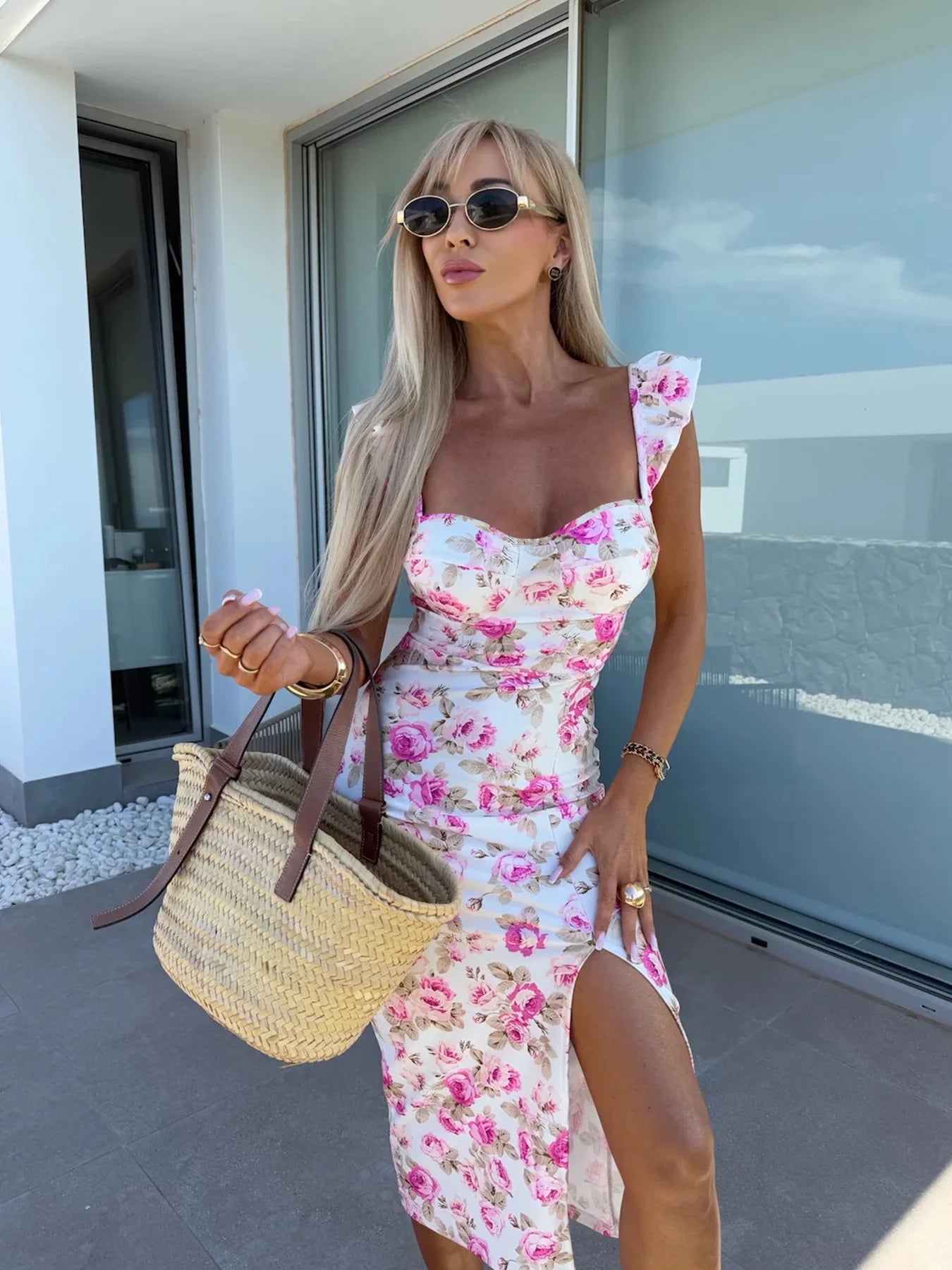 Flower Suspender Slit Midi-Length Dress