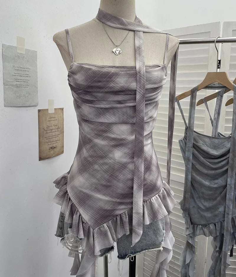 Plaid Printed Mesh Spaghetti Strap Camisole