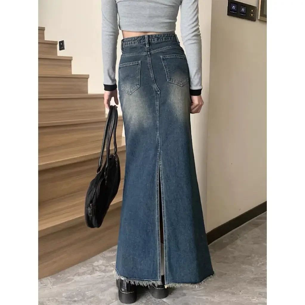 Washed Long Denim Maxi Skirt with Raw Raw-Hem & Patchwork Stitching