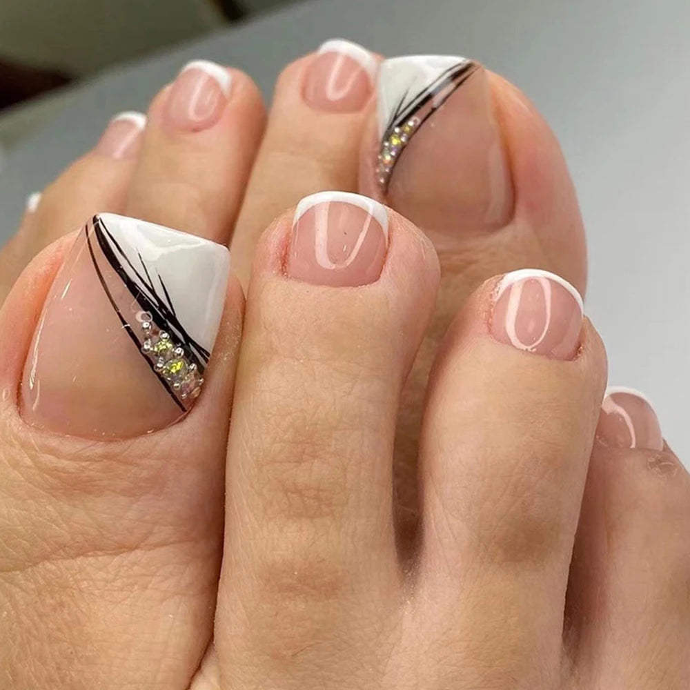 Summer French Gradient False Toe Nails Wearable Short Square Foot Nails Set Press On Nail Tips Rainbow Fake Toenails Full Cover
