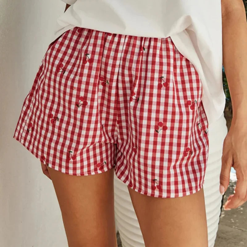 Cherry Plaid Print Shorts