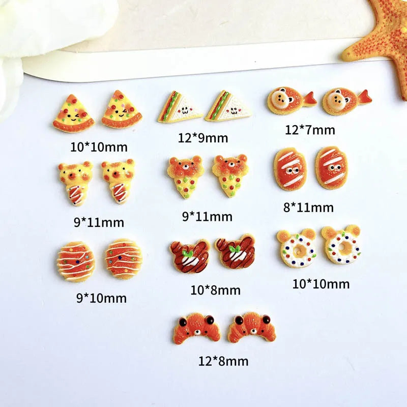 30PCS Simulated Salad Bread Donut Nail Charms Creative Cute Bear Cowhorn Sandwich Desserts Resin Nail Art Decorations DIY Nails