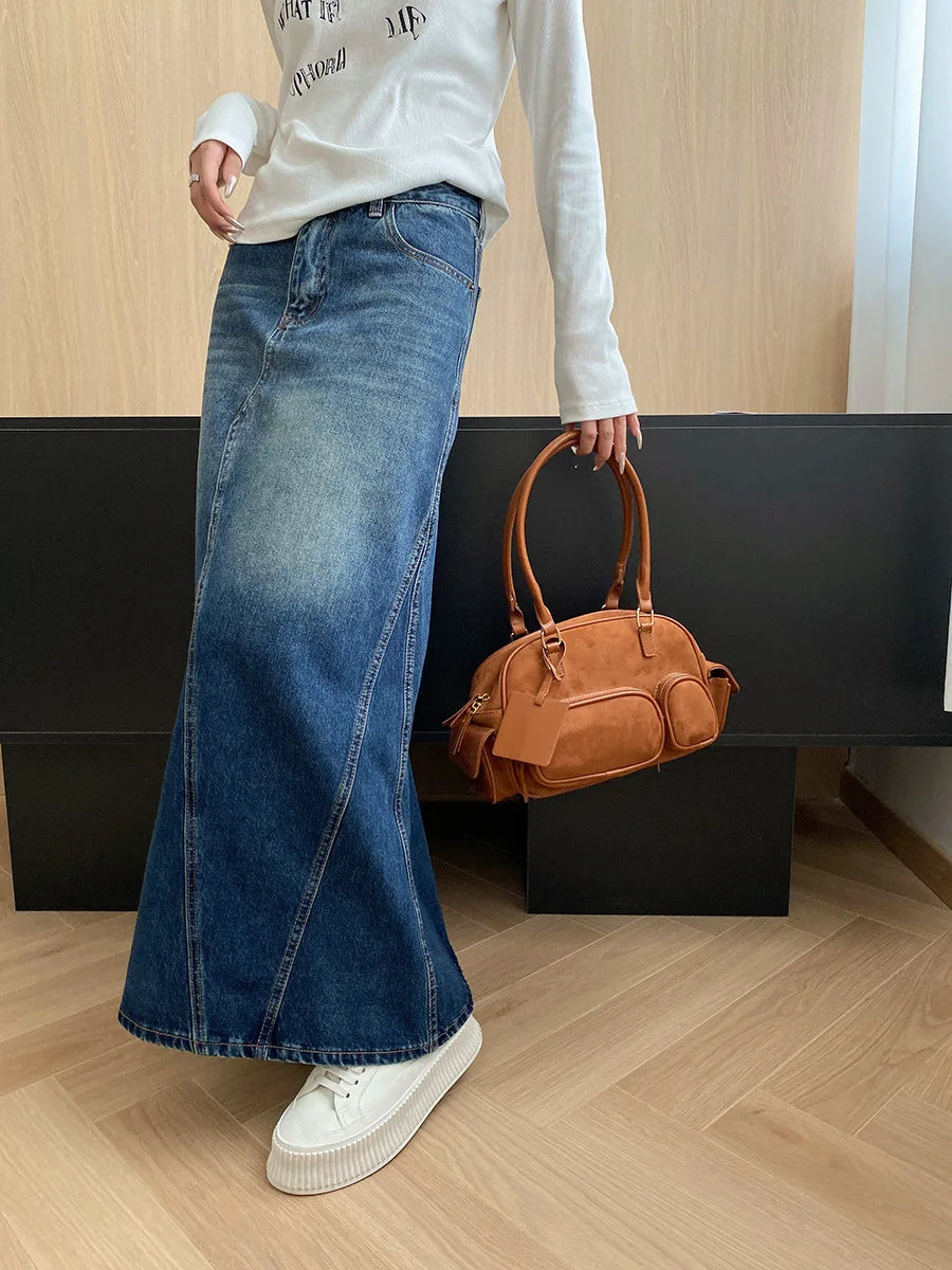 Solid Color High Waisted Denim Skirt
