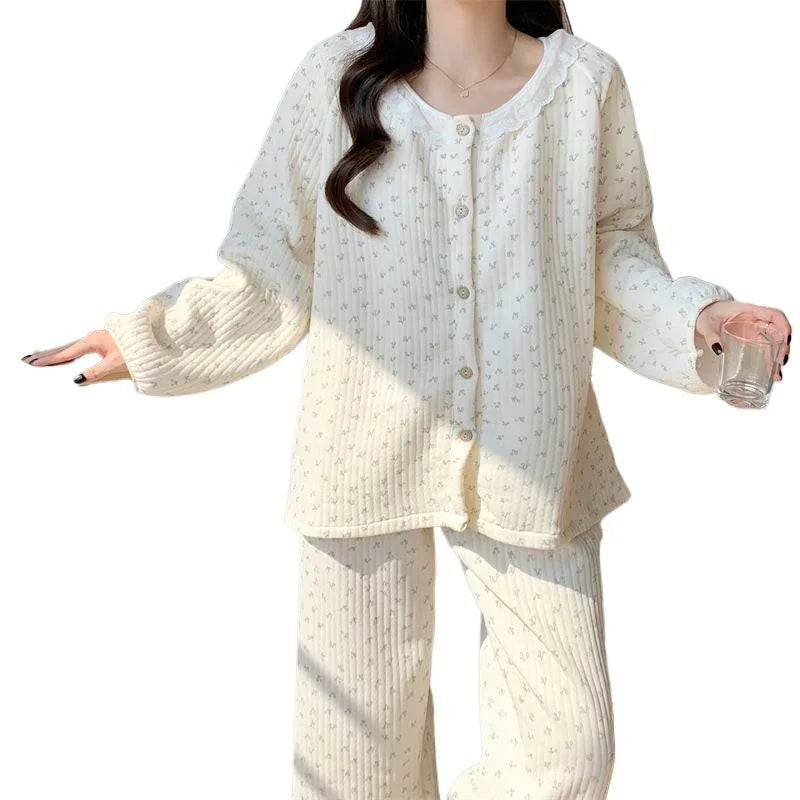 Floral Sleepwear Women Pajama Sets Winter Piiama Fleece Pants Sets 2 Pieces Korean Cute Lace Night Wears Warm Sleeping Home Suit