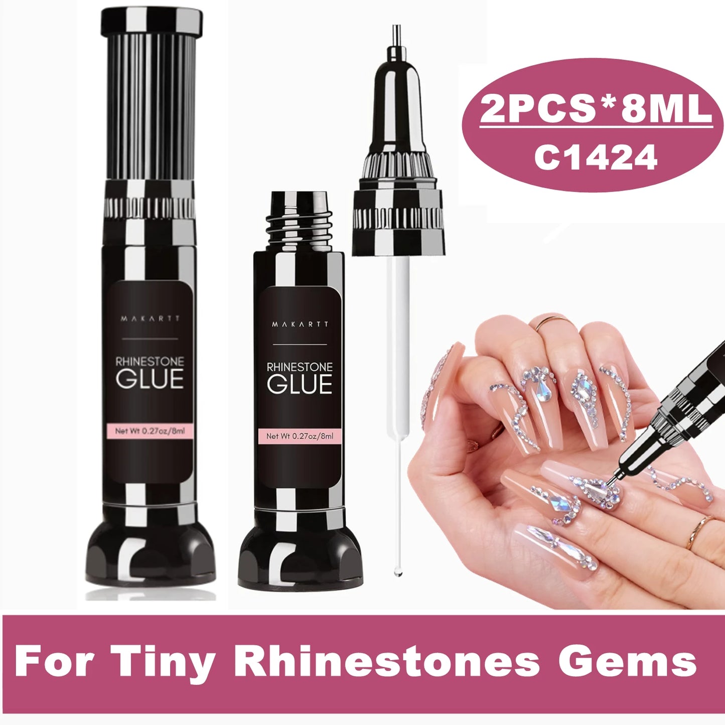 Makartt Nail Rhinestone Glue Gel Kit, Clear Nail Gem Glue Gel Super Strong Adhesive Nail Art Glue for Nail Decorations 3D Stone