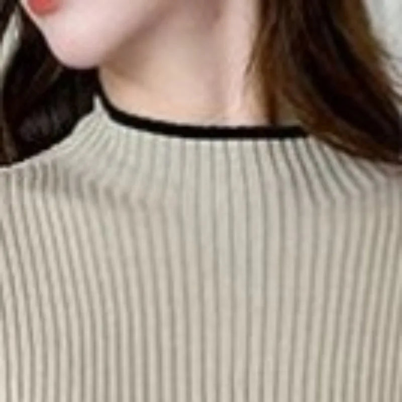 Sweater Spliced Neck Contrast Long Sleeve Knitted Dress