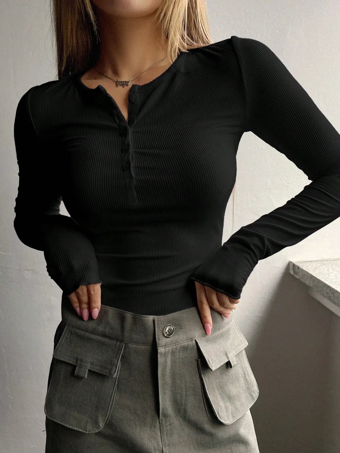 Plain Half Button Front Ribbed Tee