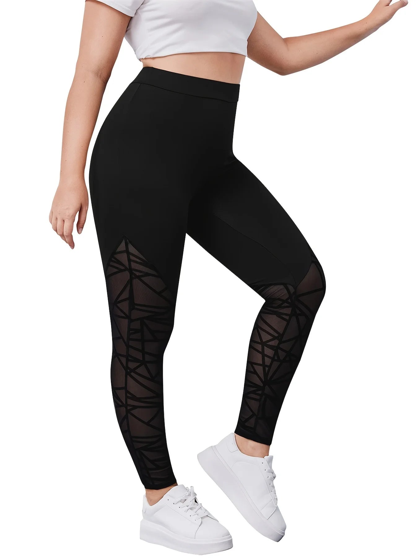 High-Waisted Black Leggings with Geometric Mesh Panels