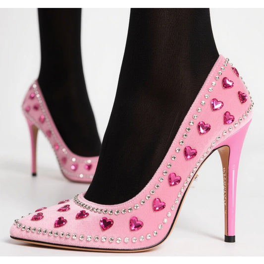 Pink Pointed Rhinestones Embellished Suede Stiletto Pumps