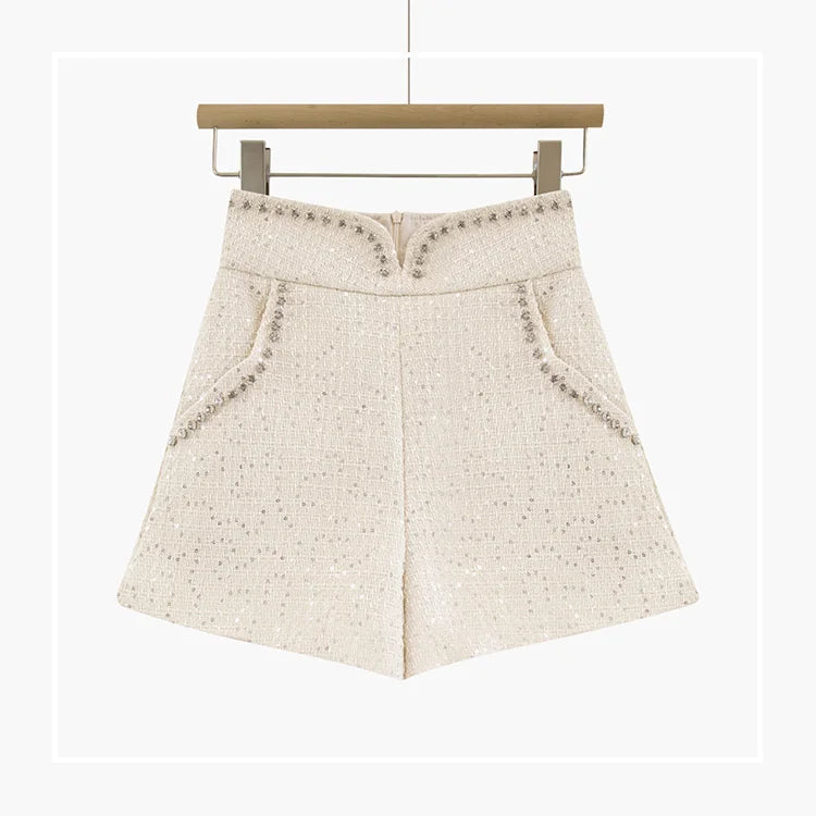 ラインストーンスパンコールツイードショートパンツ