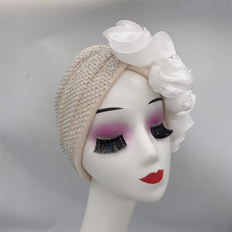Full Body Rhinestones Mesh Women's Turban Cap Cross Twist Female Headscarf Bonnet African Head Wraps Lady Headwear Indian Hat
