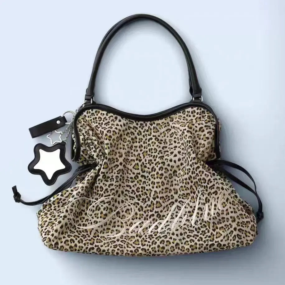 Embroidered Leopard Print Drawstring Tote Bag