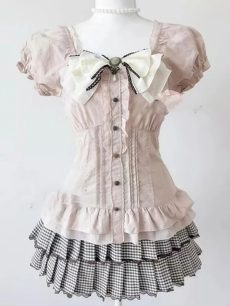 Casual Bow Top + Brown Lace Cardigan + Plaid Ruffle Skirt Set