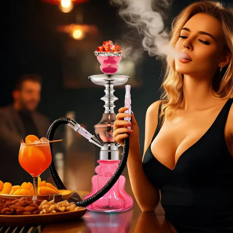 Arab Hookah Set Pink Bar Shisha Ceramic Bowl Double Hose Camping Shisha Narguile Chicha Complete Set Glass Hookah Accessories