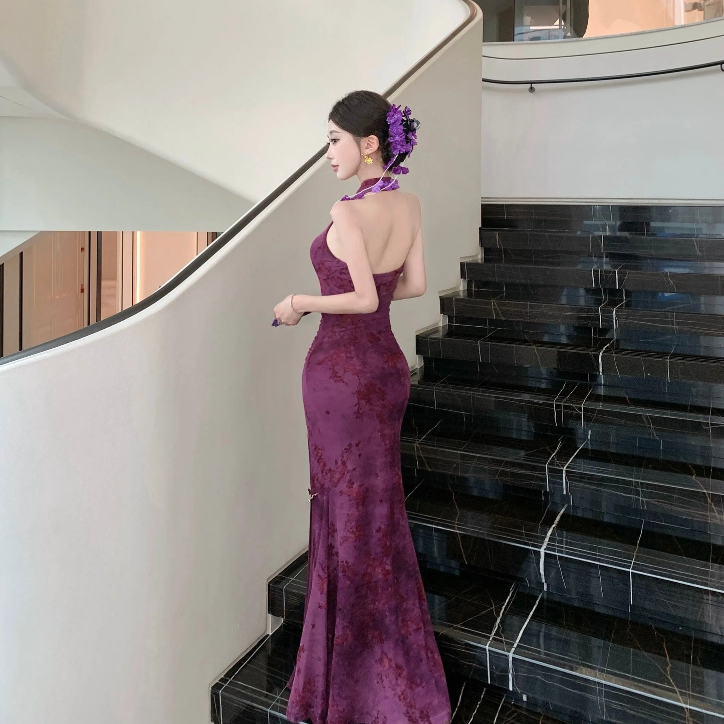 Velvet Dress with Lace Design