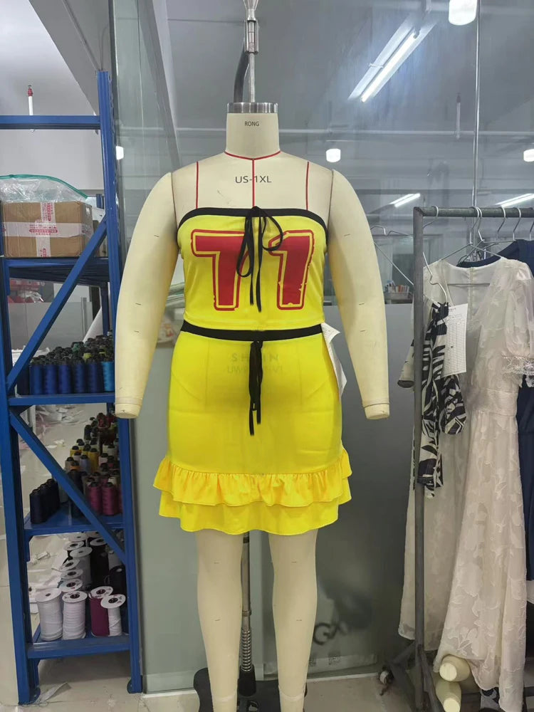 Sporty Graphic Tube Top and Ruffle Mini Skirt Set