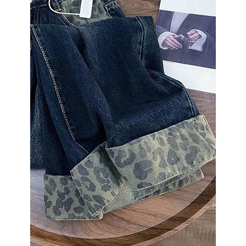 Leopard Print Patchwork Wide Leg Jeans