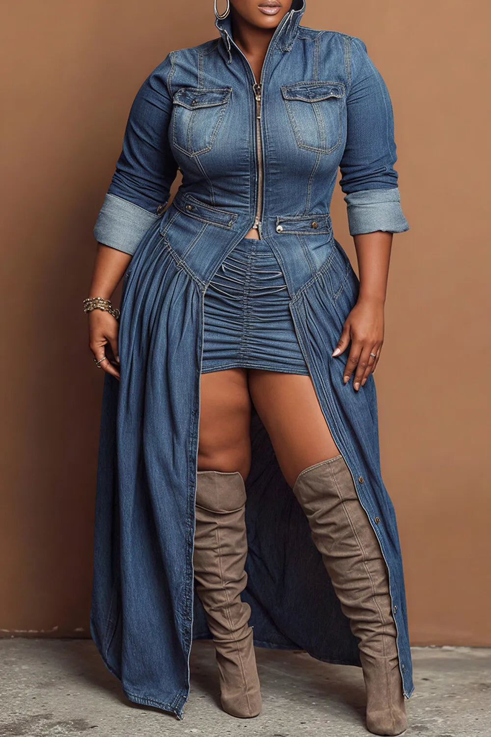 High Collar Long Sleeve Split Casual Zipper Denim Coat
