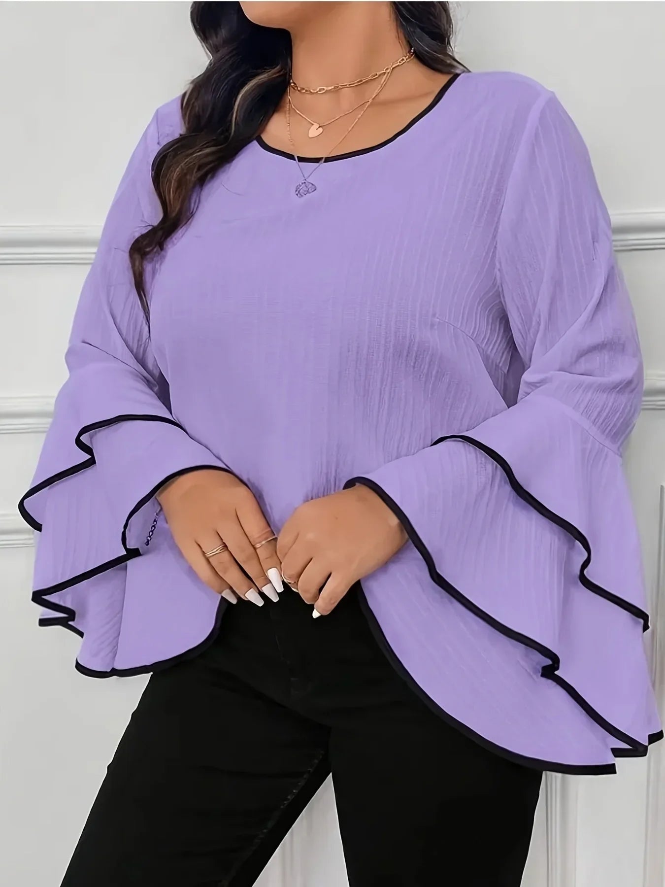 Loose Solid Color Crew-neck Flared Long-sleeved Top