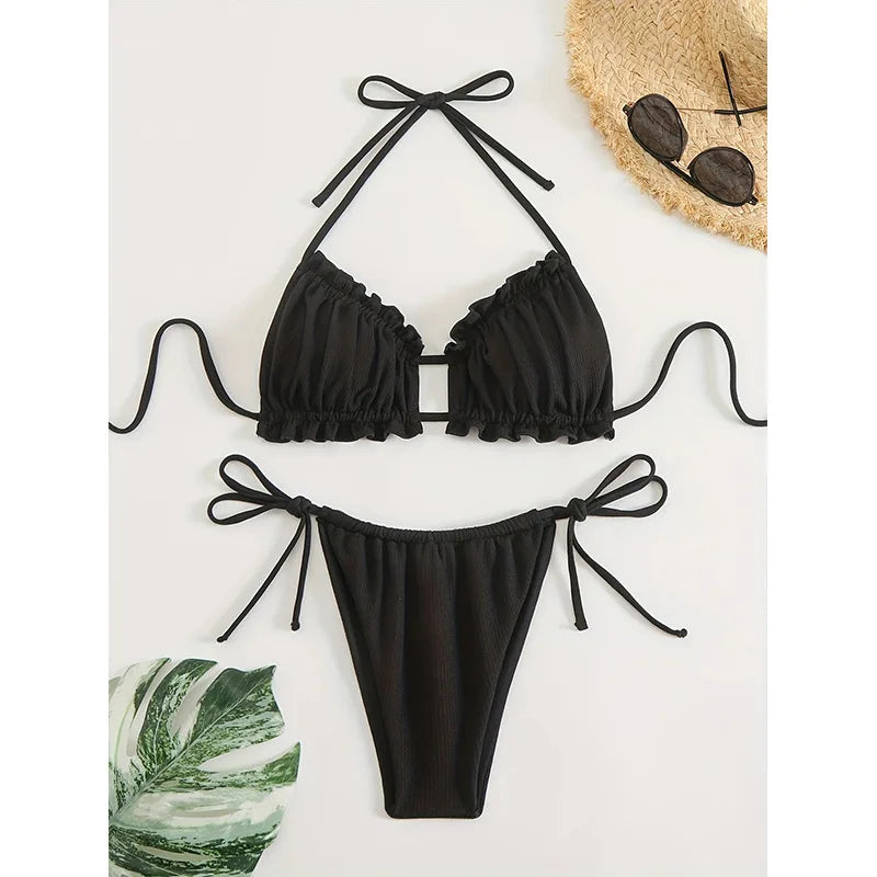 Drawstring and Hollow Stripes Split Bikini