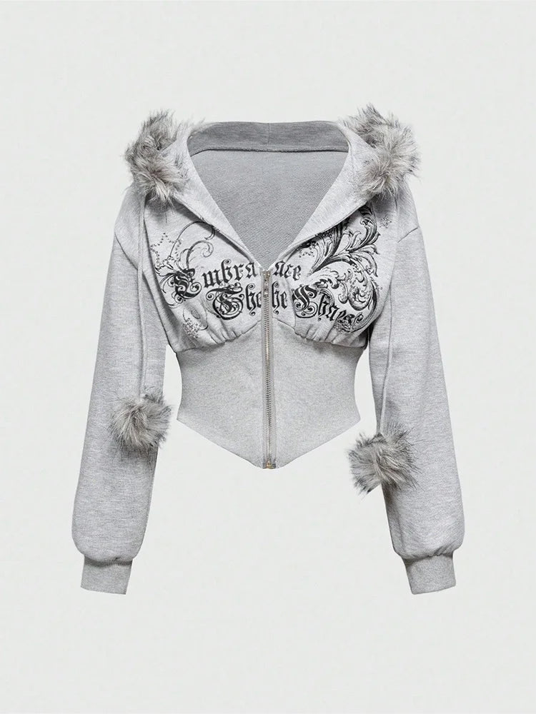 Faux Fur Trim Corset Zip-Up Hoodie