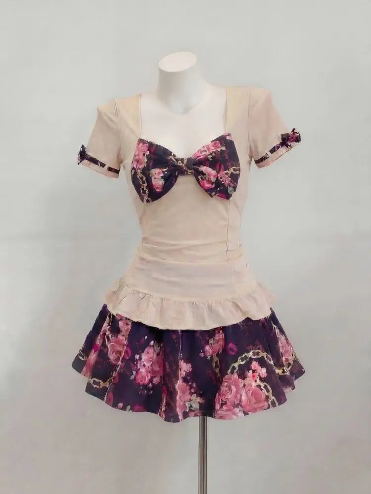 Bow Top + Short Skirt Set