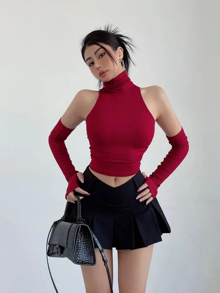 High Neck Pleated Crop Top