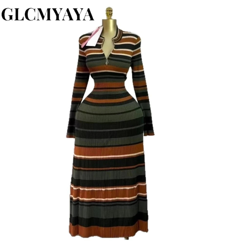 GLCMYAYA Striped Long Sleeve V-neck Maxi Dress