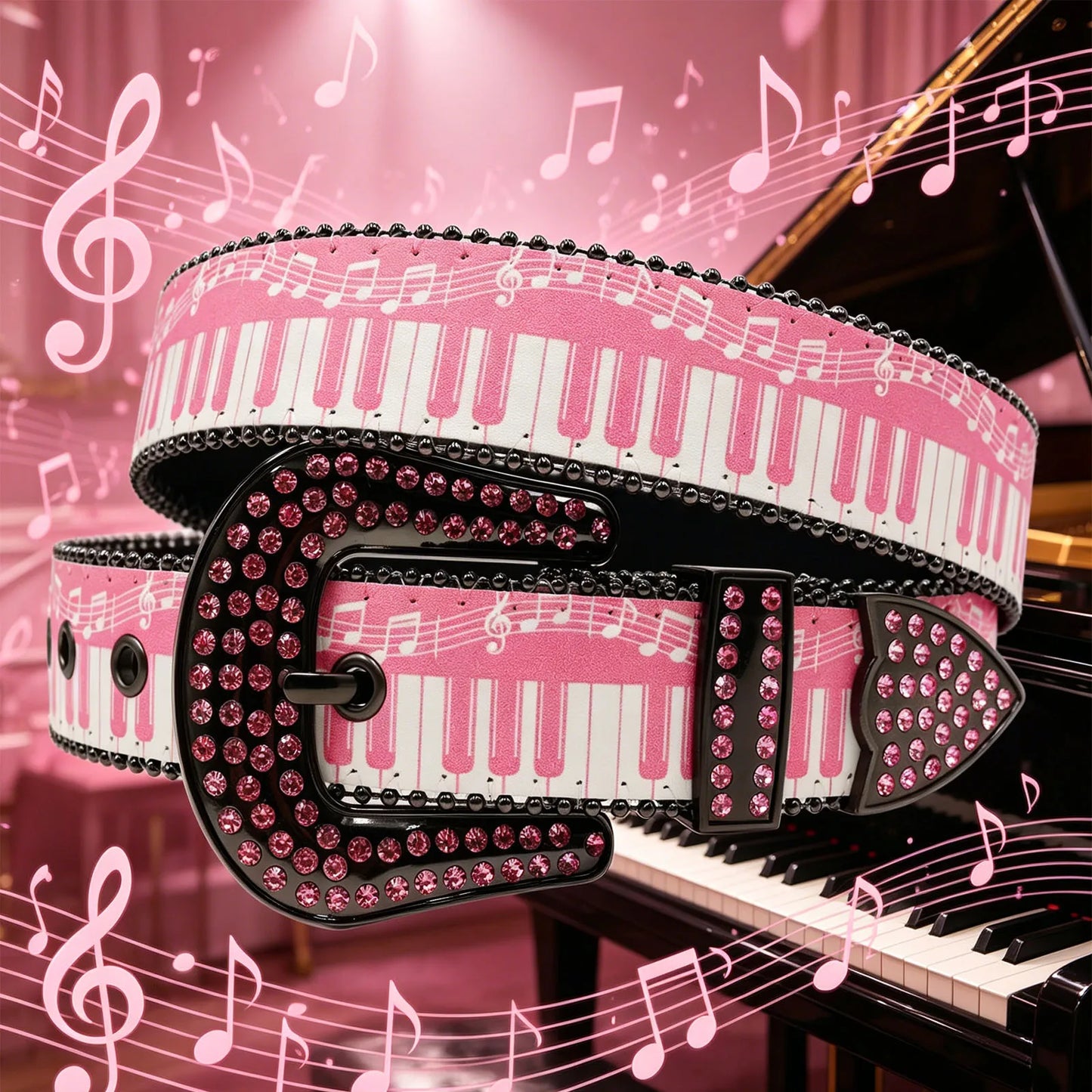Western Cowboy Rhinestone Buckle PU Belt, Cute Pink Piano Keys & Musical Notes Print Glitter Decor Belt for Women Jeans Pants
