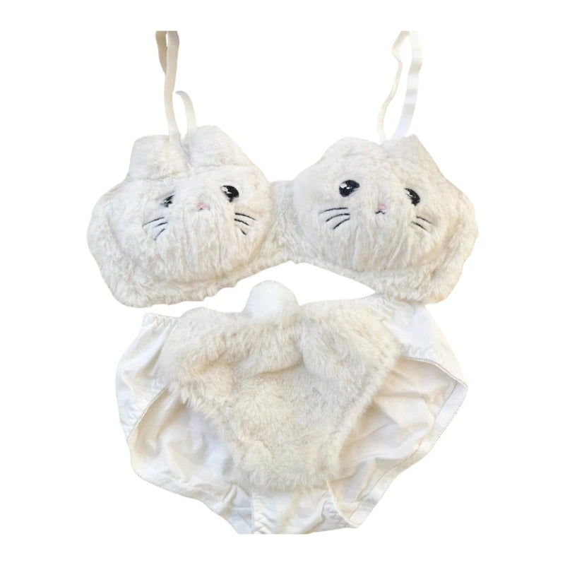 Cartoon Furry Panda Shape 2Pcs Women's Plush Bras and Panty Set Young Lady Japanese Lolita Style Underwear for Cosplay Party