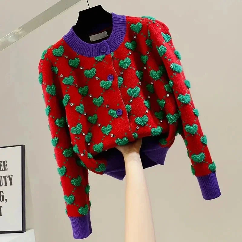 Heart Plaid O-Neck Knitted Cardigan